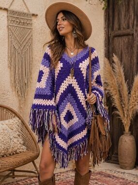Vintage Handcrafted Granny Stitch Purple Chevron Knit Poncho